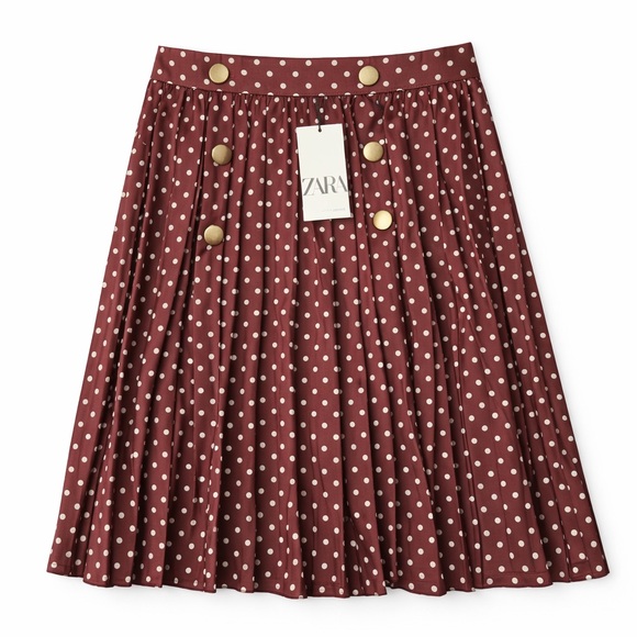 Zara Dresses & Skirts - Zara Polka Dot Skirt Wine Red Gold Button Detail Size XS NWT Feminine Classic